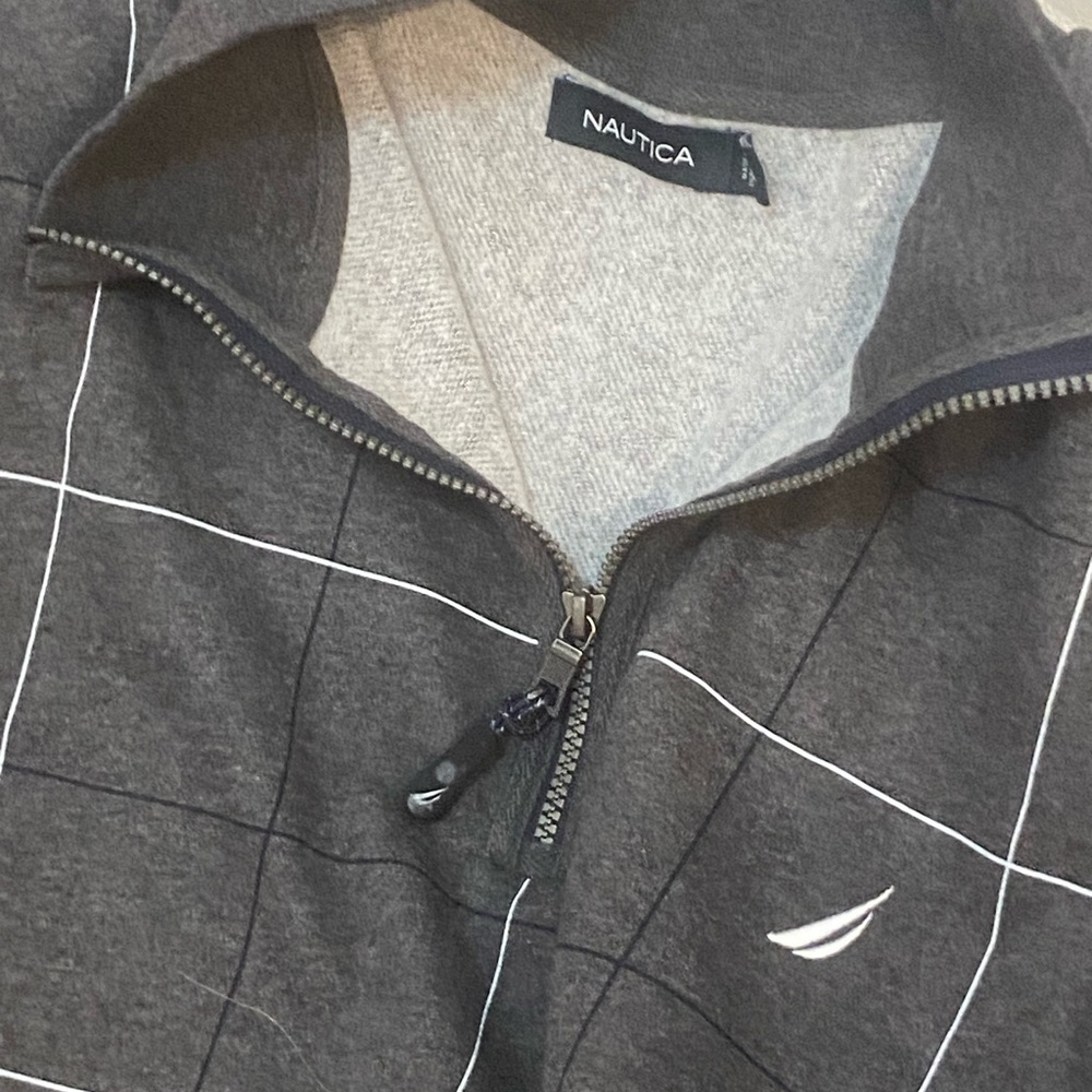 Nautica Men's Charcoal 1/4 Zip-Up Sweater with White Grid - Picture 4 of 10